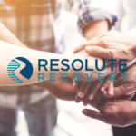Group of people with hands together to symbolize community. Resolute Recovery Logo as overlay